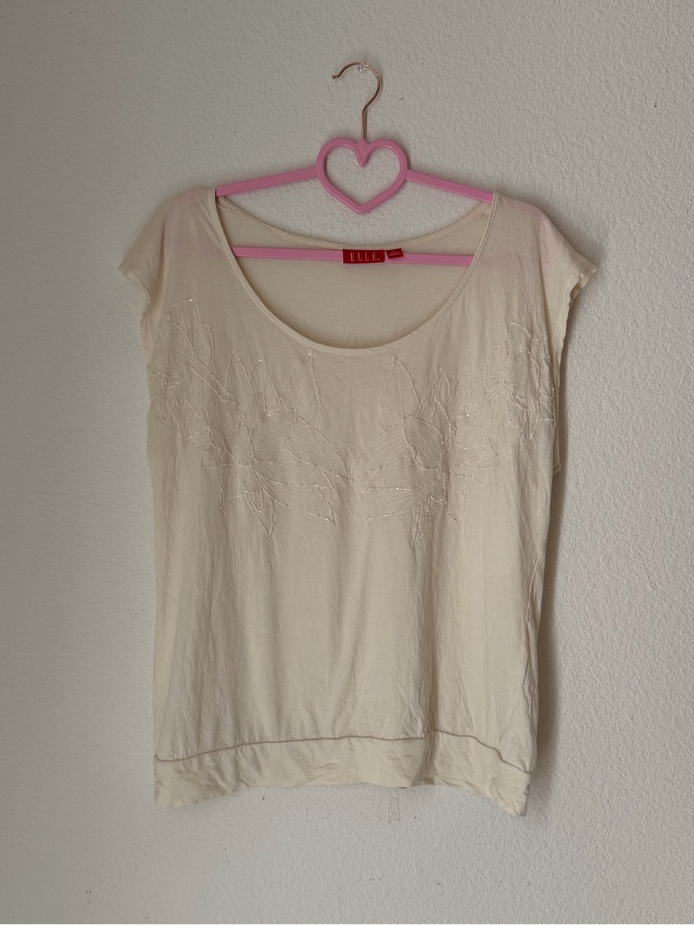 ELLE Cream Embroidered Scoop Neck Women's Top